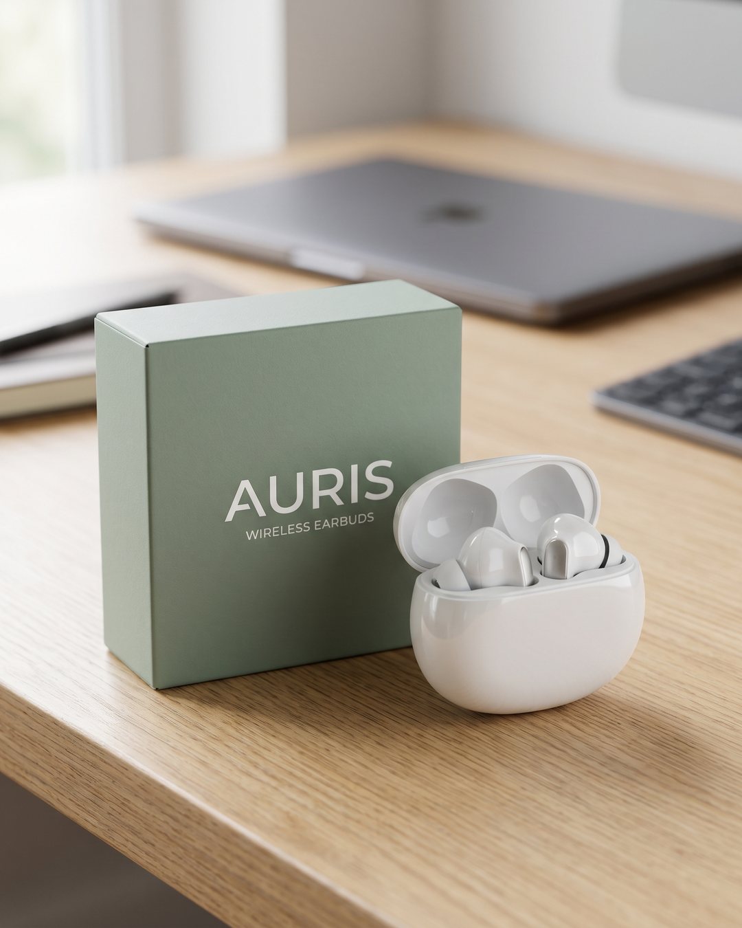 AURIS wireless earbuds and box on a home-office desk