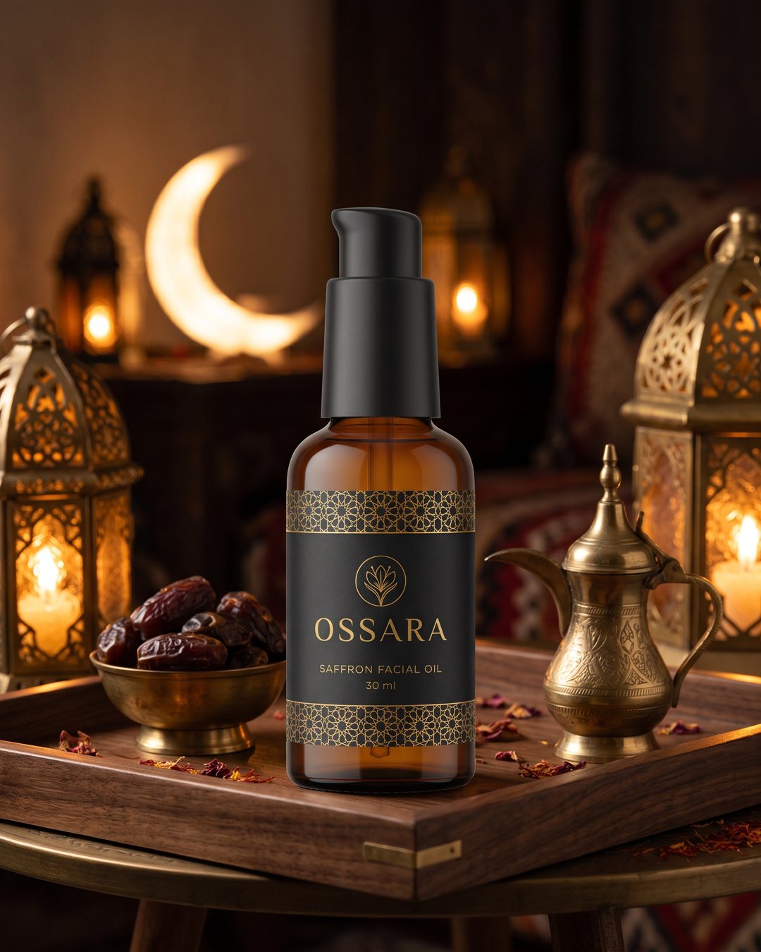 Ramadan campaign frame: OSSARA bottle with lanterns, dates and a brass dallah