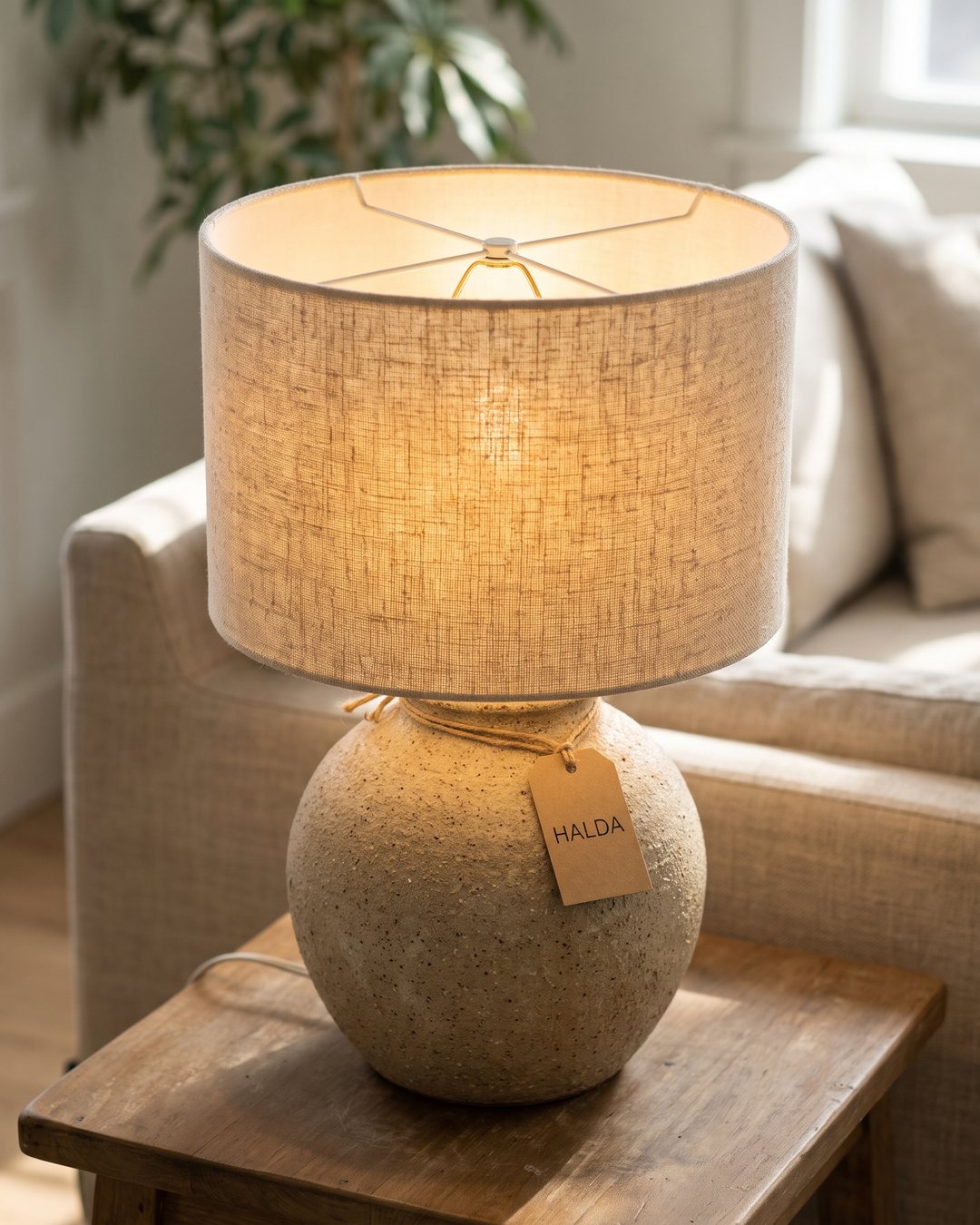 HALDA ceramic table lamp in a sunlit living room