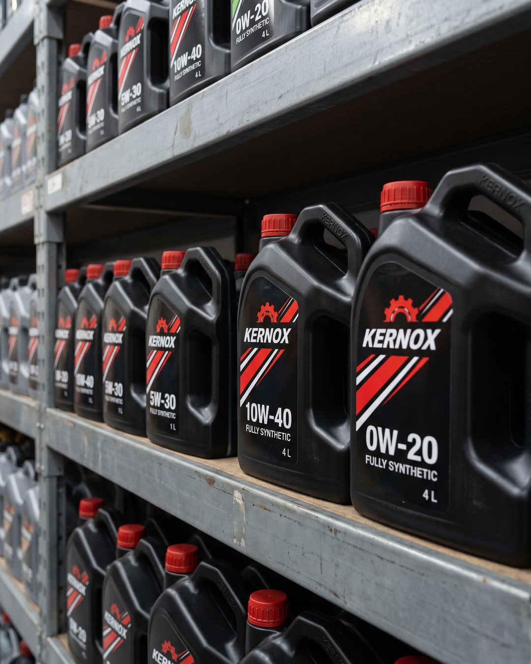 The KERNOX engine oil range in several sizes and grades on distributor shelving