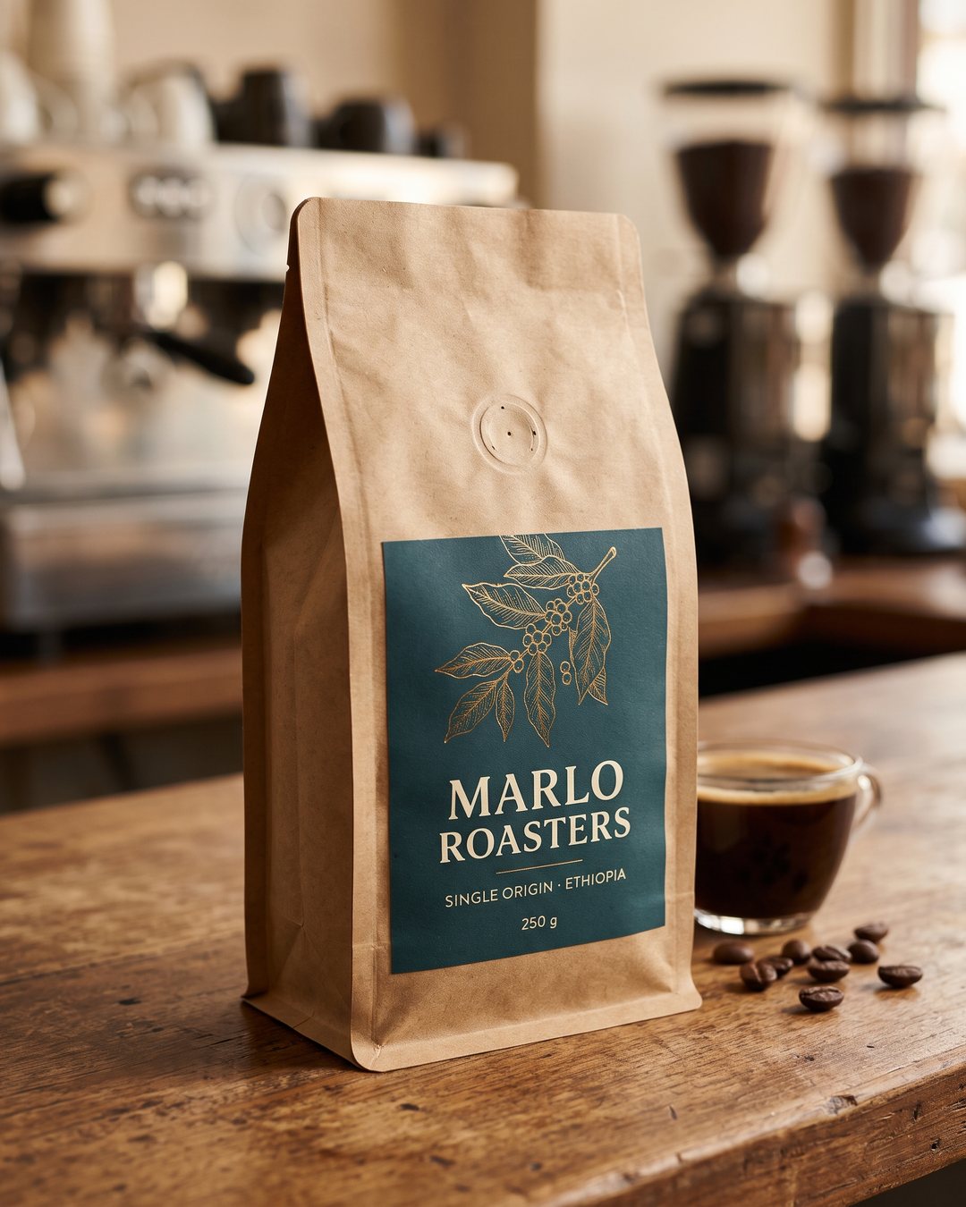MARLO ROASTERS coffee bag on a café counter