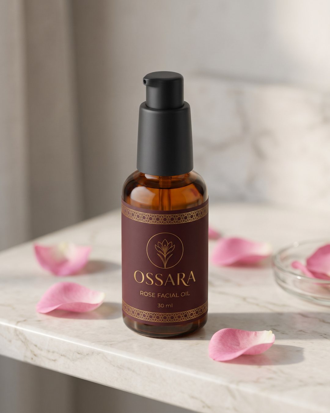 Rose facial oil variant with a burgundy label, same bottle as the saffron oil